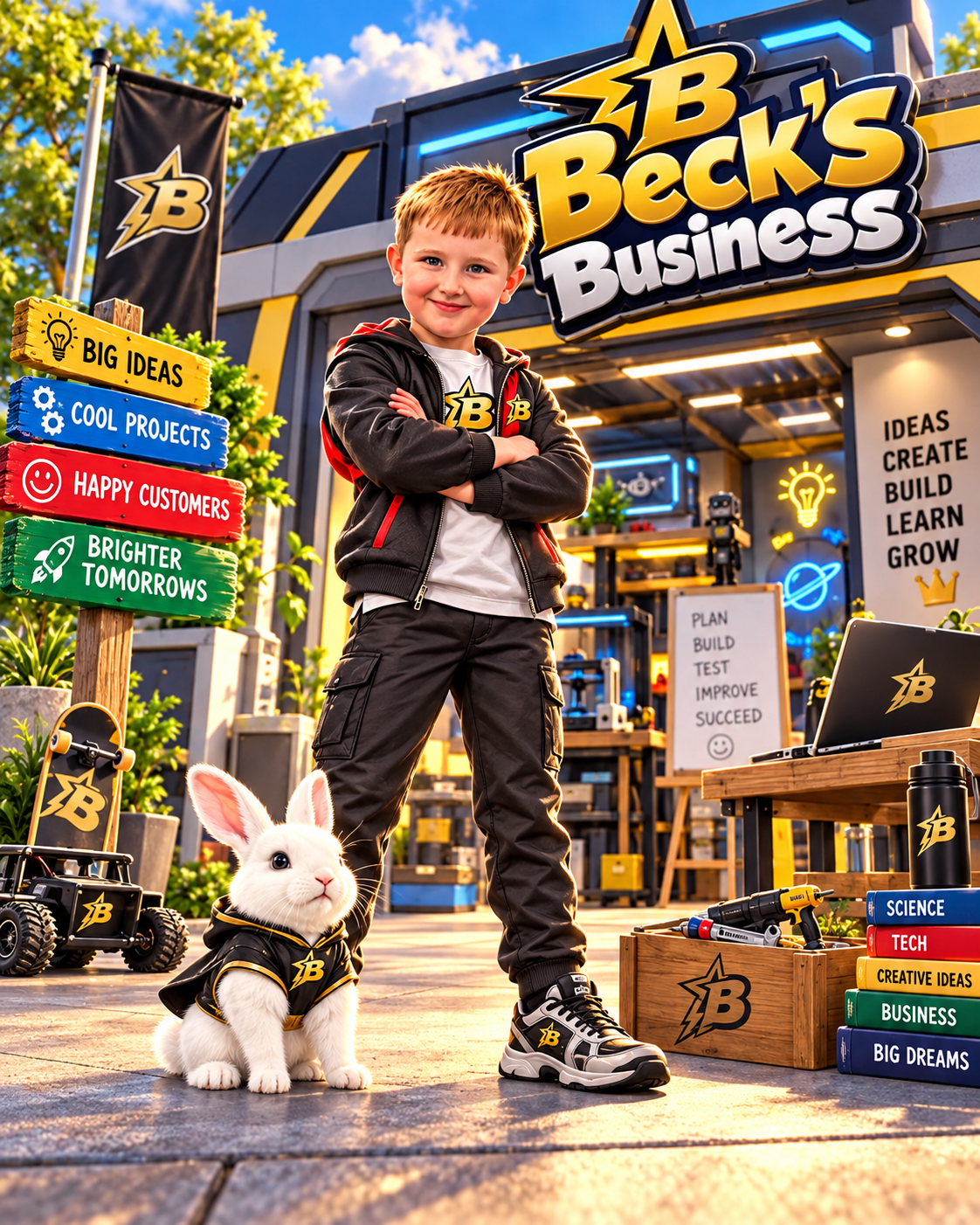 Beck outside his colourful workshop